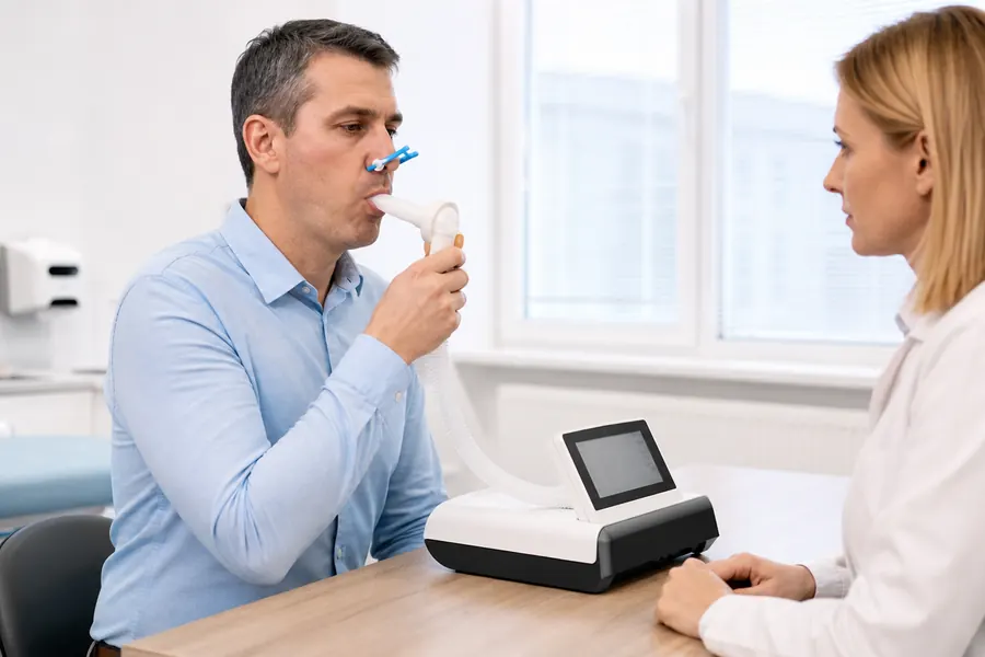 Pacient absolvuje spirometriu pri vyšetrovaní dlhodobého kašľa