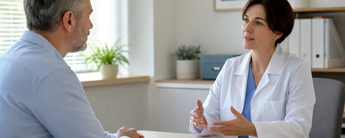 Lekárka konzultuje s pacientom nález krvi v moči a ďalší postup