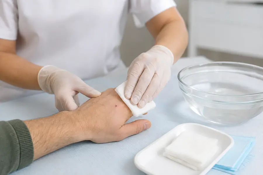 Zdravotník čistí drobnú bodnú ranu na ruke sterilným štvorcom